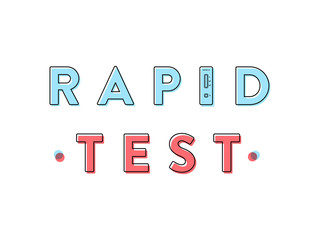 Rapid test title with blue and red letters. Coronavirus rapid diagnostic test device. The letter "i" is replaced by a rapid test icon. Pandemic concept. Vector illustration, flat design
