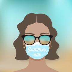 Young woman wearing sunglasses and mask on the beach. Summer 2020. Protection against coronavirus. New normal lifestyle. Vector illustration, flat design