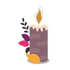 Atmospheric concept autumn decor. Candle with a composition of leaves and lemon. Designed for blogs, postcards, mailing lists, invitations to a hygge party. Vector graphics. 