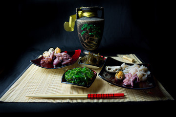 protein food, seafood, sushi on Japanese plates