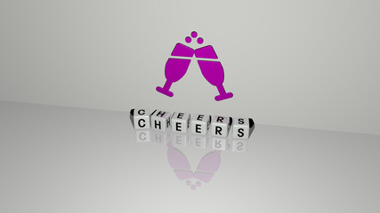 cheers text of cubic dice letters on the floor and 3D icon on the wall, 3D illustration for celebration and alcohol