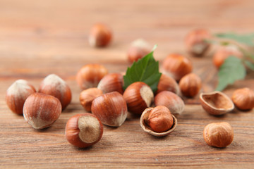 hazelnuts close-up on the table. Minimalism, place for text
