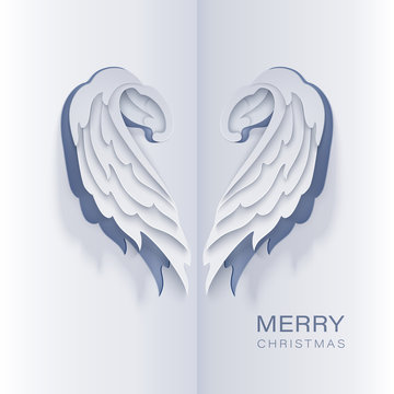 Merry Christmas paper cut card with white angel wings