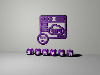 3D representation of SERVER with icon on the wall and text arranged by metallic cubic letters on a mirror floor for concept meaning and slideshow presentation for data and illustration