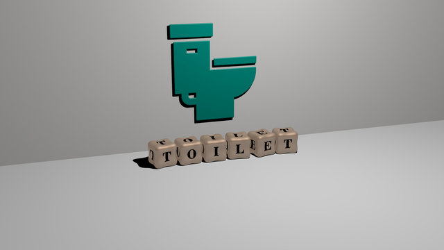 toilet 3D icon on the wall and cubic letters on the floor, 3D illustration for bathroom and background