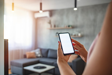 Young woman holding smart phone with launched security application at home. Concept of controlling and managing home security from a mobile device.  Concept of smart home and voice command control