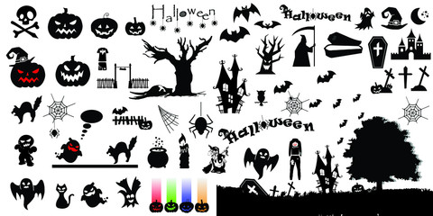 Halloween icons silhouettes. Halloween icons. Vintage texture effect. Happy Halloween. Vector