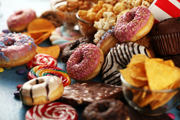 Unhealthy products. food bad for figure, skin, heart and teeth.