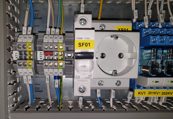close-up of an industrial electrical machine, socket, industrial power supply switch cabinet components, Selective focus