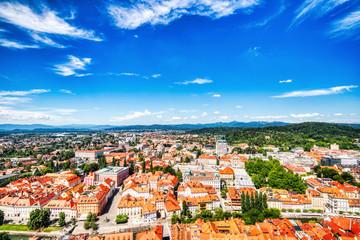 Ljubljana City Center Aerial View during a Sunny Day