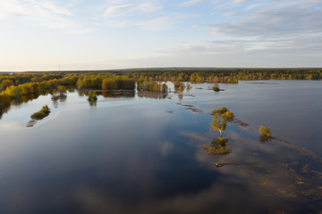 Fototapeta na wymiar Spring flooding on the river, flooded forest, islands on the river. View from a drone, a bird's-eye view. View without the presence of people in the evening. 