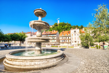 Fototapeta na wymiar Fountain on Novi Trg Square in Ljubljana