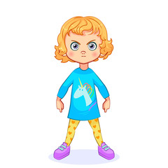 Vector baby girl with a serious expression on her face, frowns. Children's determined emotion.