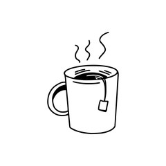 Linear doodle icon - mug with tea. Lunch break, business concept.Hand drawn linear illustration. Vector on white background