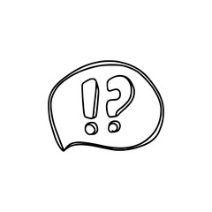 Linear doodle icon - a bubble with question and exclamation marks. Discussion and emotion symbol.Hand drawn linear illustration. Vector on white background