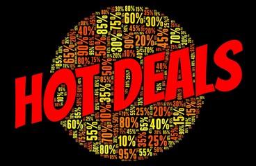 Hot deals discount word cloud on a black background.