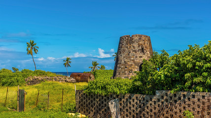 A view of an abandoned windmill once used for sugar processing in St Kitts