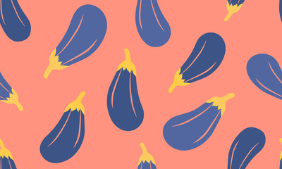 Fototapeta premium Eggplant doodle flat vector seamless pattern. Cooking motif, healthy food on dark background. Ripe blue vegetables texture with cartoon color icons. Aubergine veggie wrapping paper, wallpaper design