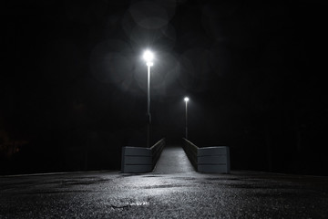 Pathway from a train station on a drizzly night in New Zealand