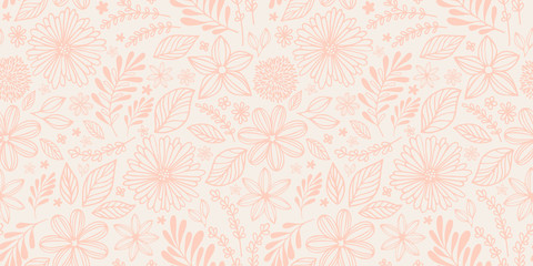floral and abstract seamless pattern with flowers, branches and leaves, hand drawn background. Sweet cute drawing in doodle style for design of kids, romances, holidays
