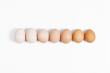 Seven eggs are laid in a row on a white background. Eggs are arranged by color from the darkest to the lightest. Color gradient. Ingredient for omelettes. Farm eggs. Eggs of different colors.