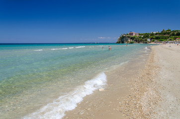 Picturesque golden sandy beach in Tsilivi situated on the east of Zakynthos island on Ionian Sea, Greece.