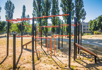 Fototapeta na wymiar Sports ground view, sports lifestyle concept. Playground near the school