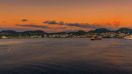 The view across Basseterre Bay at sunset in St Kitts