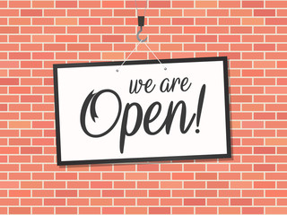 We are open sign vector, banner hanging from crane on red brick wall, open for business banner illustration
