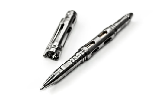 Titanium Tactical Ballpoint Pen On White Background