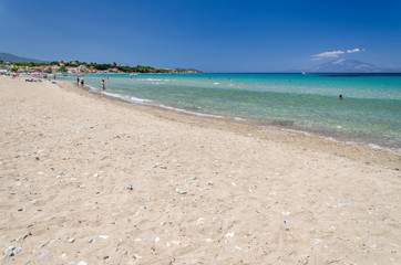 Picturesque golden sandy beach in Tsilivi situated on the east of Zakynthos island on Ionian Sea, Greece.