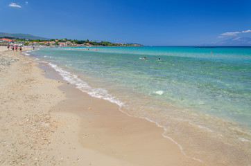 Fototapeta na wymiar Picturesque golden sandy beach in Tsilivi situated on the east of Zakynthos island on Ionian Sea, Greece.