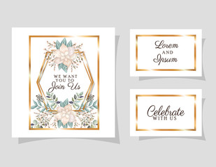 Fototapeta na wymiar Wedding invitations set with gold ornament frames and white flowers with leaves design, Save the date and engagement theme Vector illustration