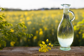 Rapeseed oil bottles (canola) on background rape field.