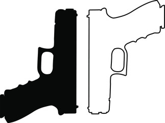 Austrian army automatic pistol silhouette black and white. Police force weapon. Vector illustration