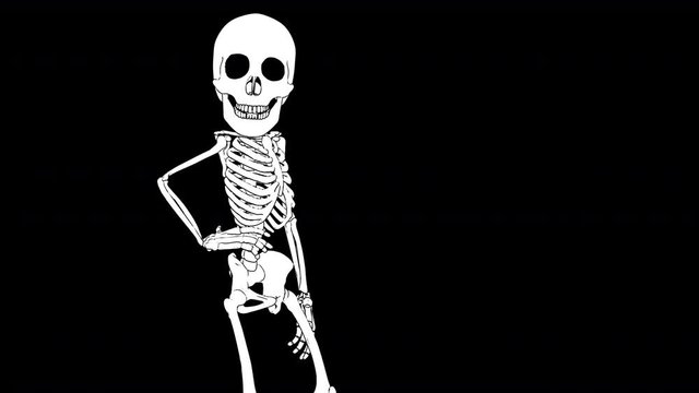 Seamless animation of a skeleton posing in printed drawn style cartoon isolated with alpha channel. Funny halloween background with marker stroke effect.