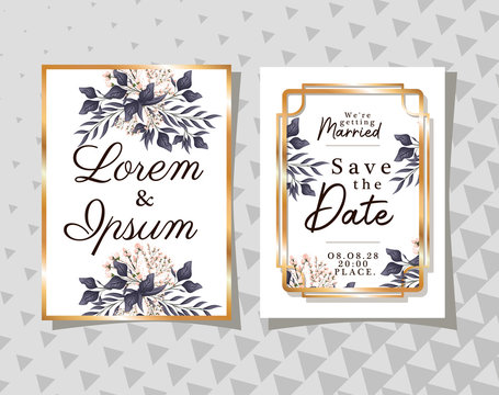 Two wedding invitations with gold ornament frames and buds flowers and leaves on gray background design, Save the date and engagement theme Vector illustration