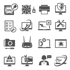 Computer repair, diagnostics services bold icons set isolated on white. Technical support.