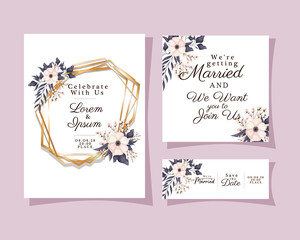 Wedding invitations set with gold ornament frames and white flowers with leaves on purple background design, Save the date and engagement theme Vector illustration