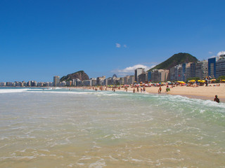 Rio de Janeiro, Brazil - 03/09/2020: sunny day on the coast of the Atlantic ocean, Copacabana beach. Copy space for text.