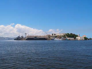 Fototapeta premium Rio de Janeiro, Brazil - 03/11/2020: ships and boats in the port. Copy space for text.