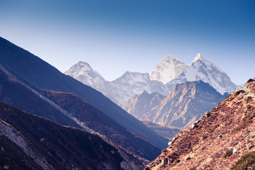 View of Kangtega mount in Himalaya mountains at sunrise. Khumbu valley, Everest region, Nepal.