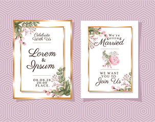 Two wedding invitations with gold ornament frames and rose flower on purple background design, Save the date and engagement theme Vector illustration