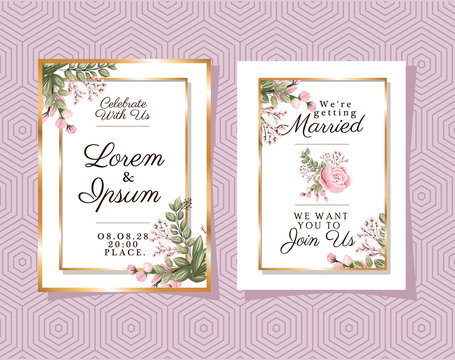 Two Wedding Invitations With Gold Ornament Frames And Rose Flower On Purple Background Design, Save The Date And Engagement Theme Vector Illustration