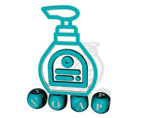 SOAP cubic letters with 3D icon on the top, 3D illustration for background and bubbles