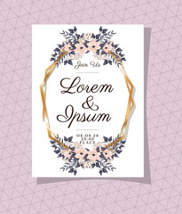 Wedding invitation with gold ornament frame and flowers on purple background design, Save the date and engagement theme Vector illustration