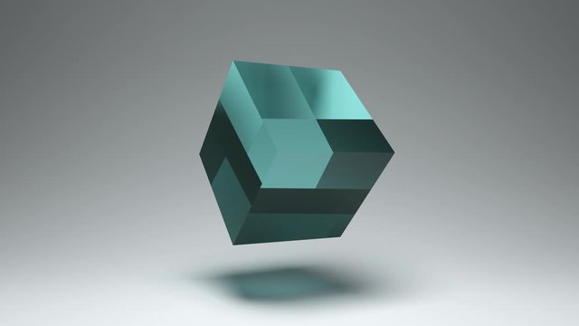 Glass cube floating on neutral background, abstract animation loop