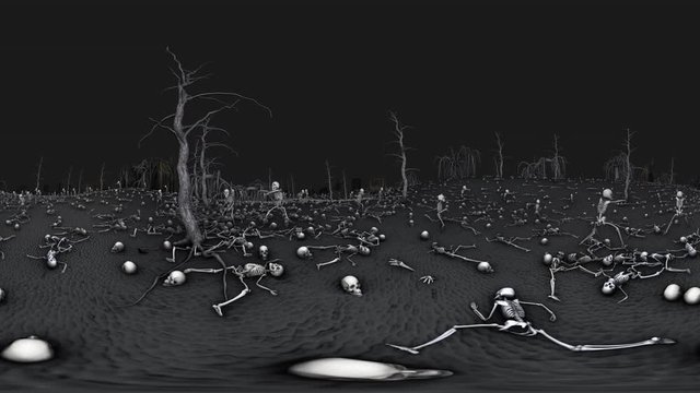Equirectangular environment map projection of a creepy cemetery at night. Spherical panorama 360 virtual reality 3D Halloween action background of a dark graveyard with tombs