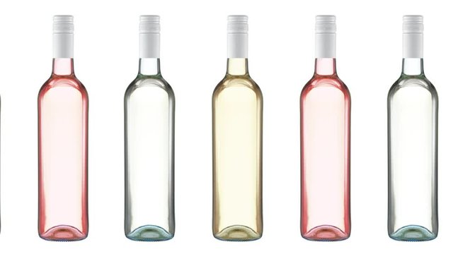 Unlabeled bottles of white, yellow and ros&eacute; wine move along a conveyor belt. Looped video.