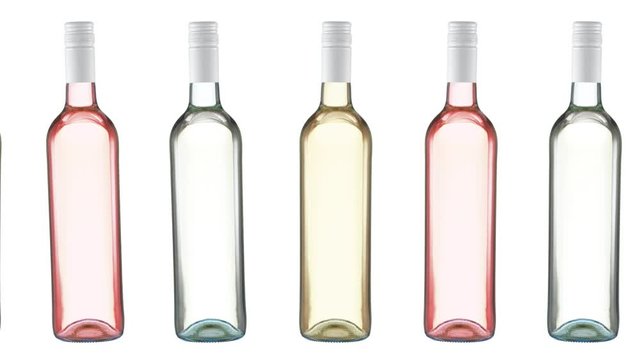 Unlabelled bottles of white, yellow and ros&eacute; wine move along a conveyor belt and wiggle at random. Looped video.